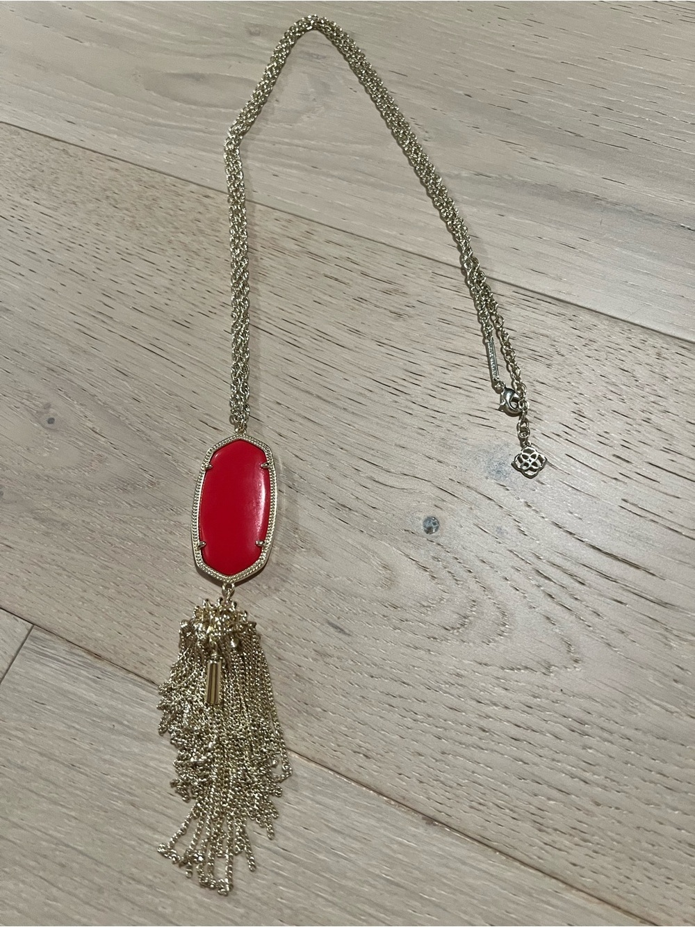 Kendra Scott “Rayne” Gold Necklace with Red Oval Pendant and Tassel